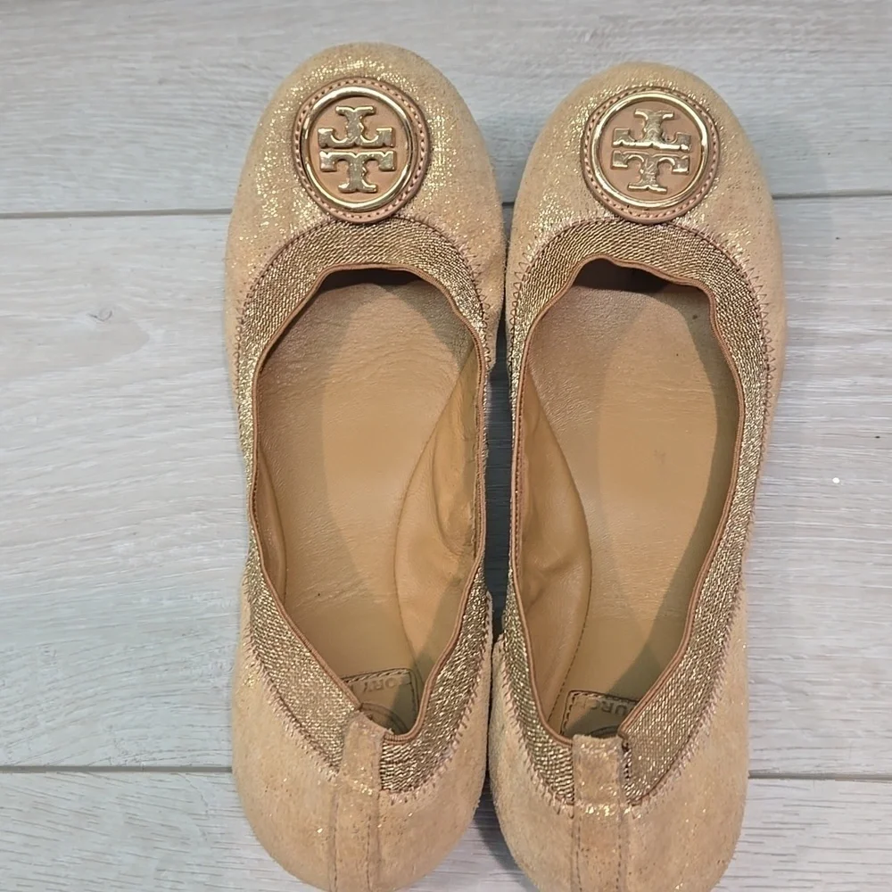 Tory Burch Glitter Suede Stretch Gold Ballet Flats Logo Shoes Sz 7M